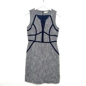 Shoshanna Navy Blue Tweed Sheath Dress 10 with Navy Trim and POCKETS